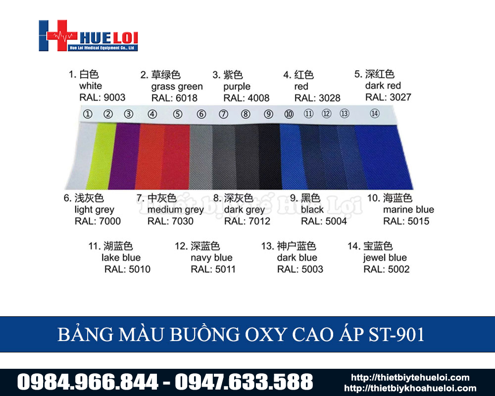Bảng lựa chọn m&agrave;u sắc buồng oxi cao &aacute;p