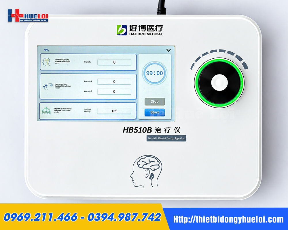 M&agrave;n h&igrave;nh m&aacute;y HB510B hiển thị 3 chế độ FNS, NMES v&agrave; rTMS