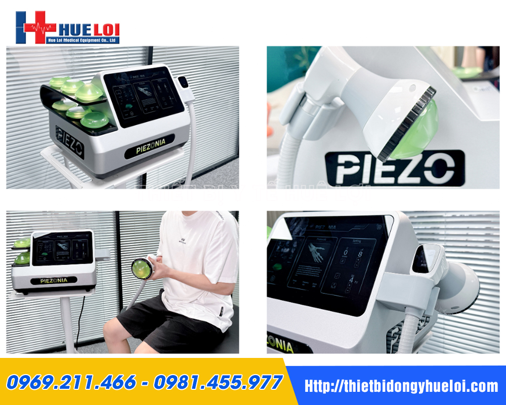 Hình ảnh thực tế máy PIEZONIA cùng đầu phát và đệm gel điều trị