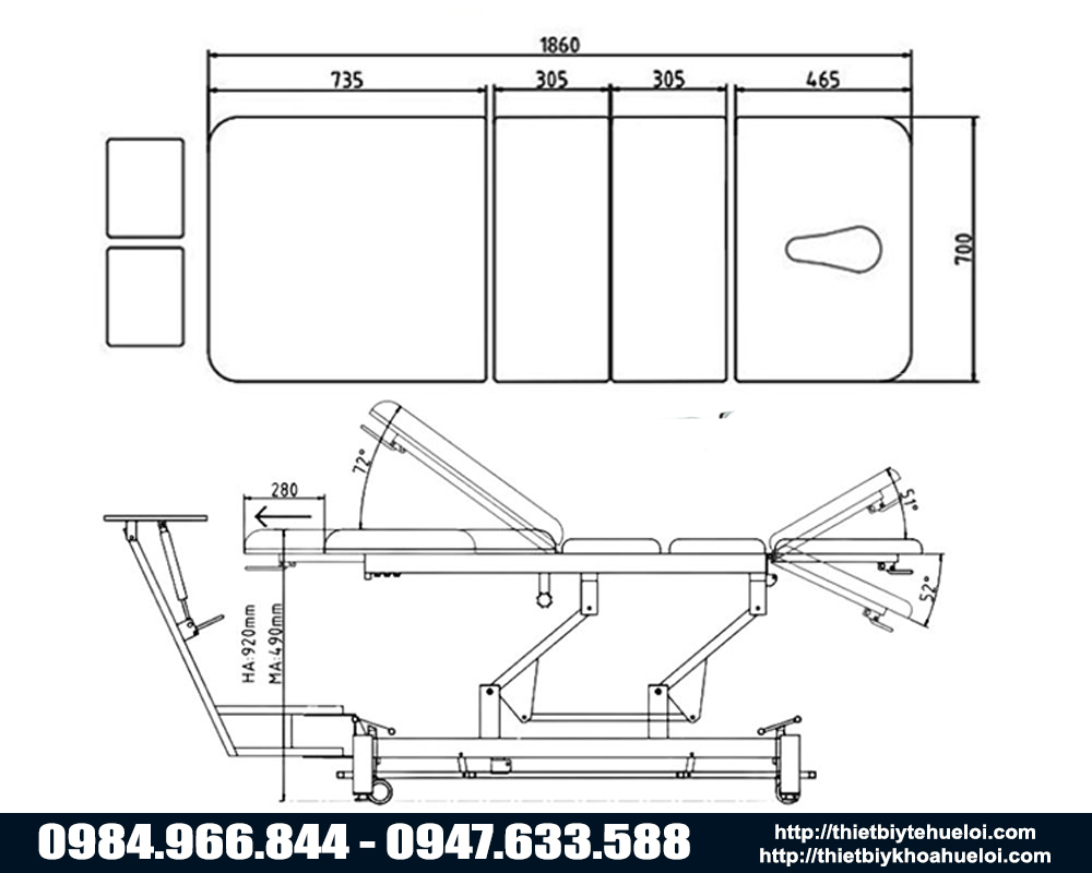 K&iacute;ch thước m&aacute;y trị liệu cột sống cổ v&agrave; lưng bằng điện